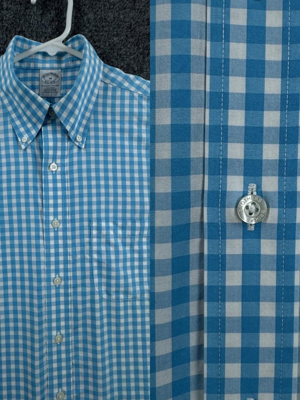 Brooks Brothers Check Mens Button-Down Blue White Medium Supima Non-Iron Shirt